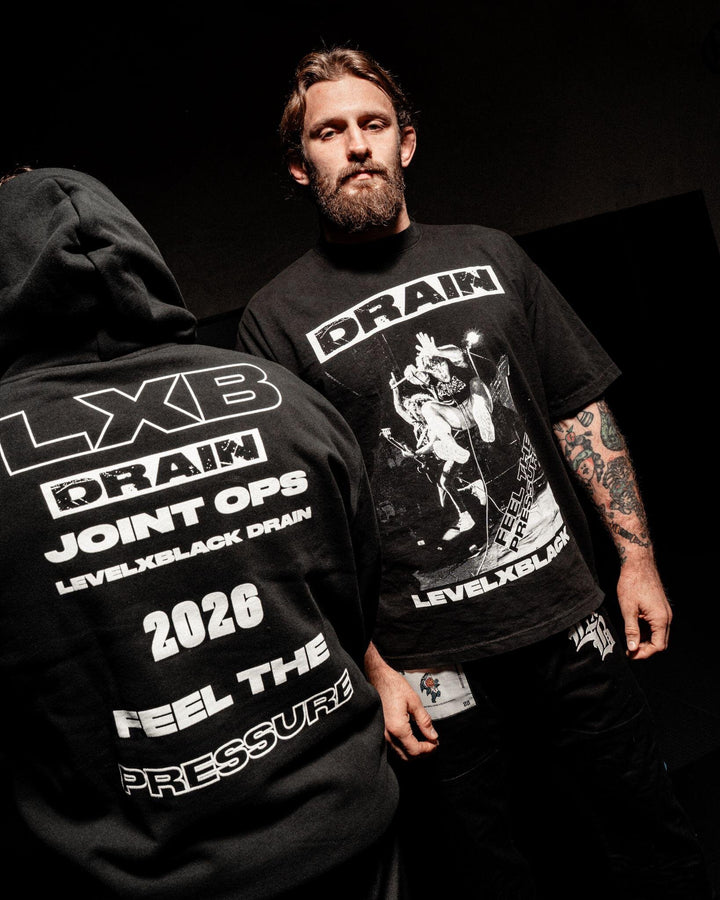 Level Black x Drain: worn, back view